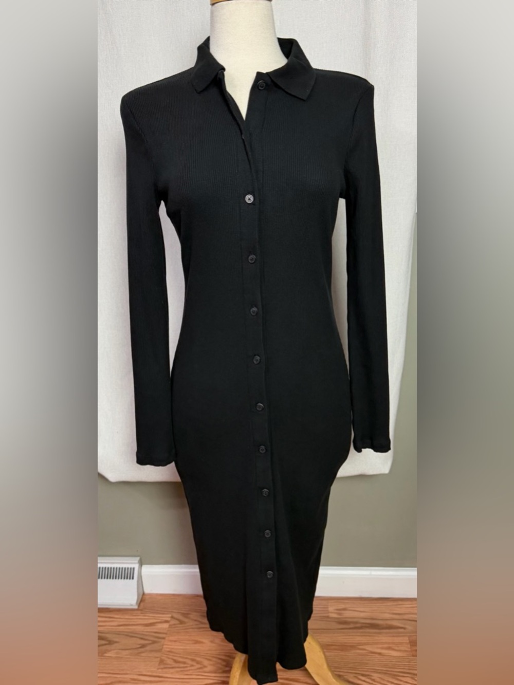 GAP Ribbed Black Polo Shirt Dress XS Button Front Stretch Long Sleeve Midi